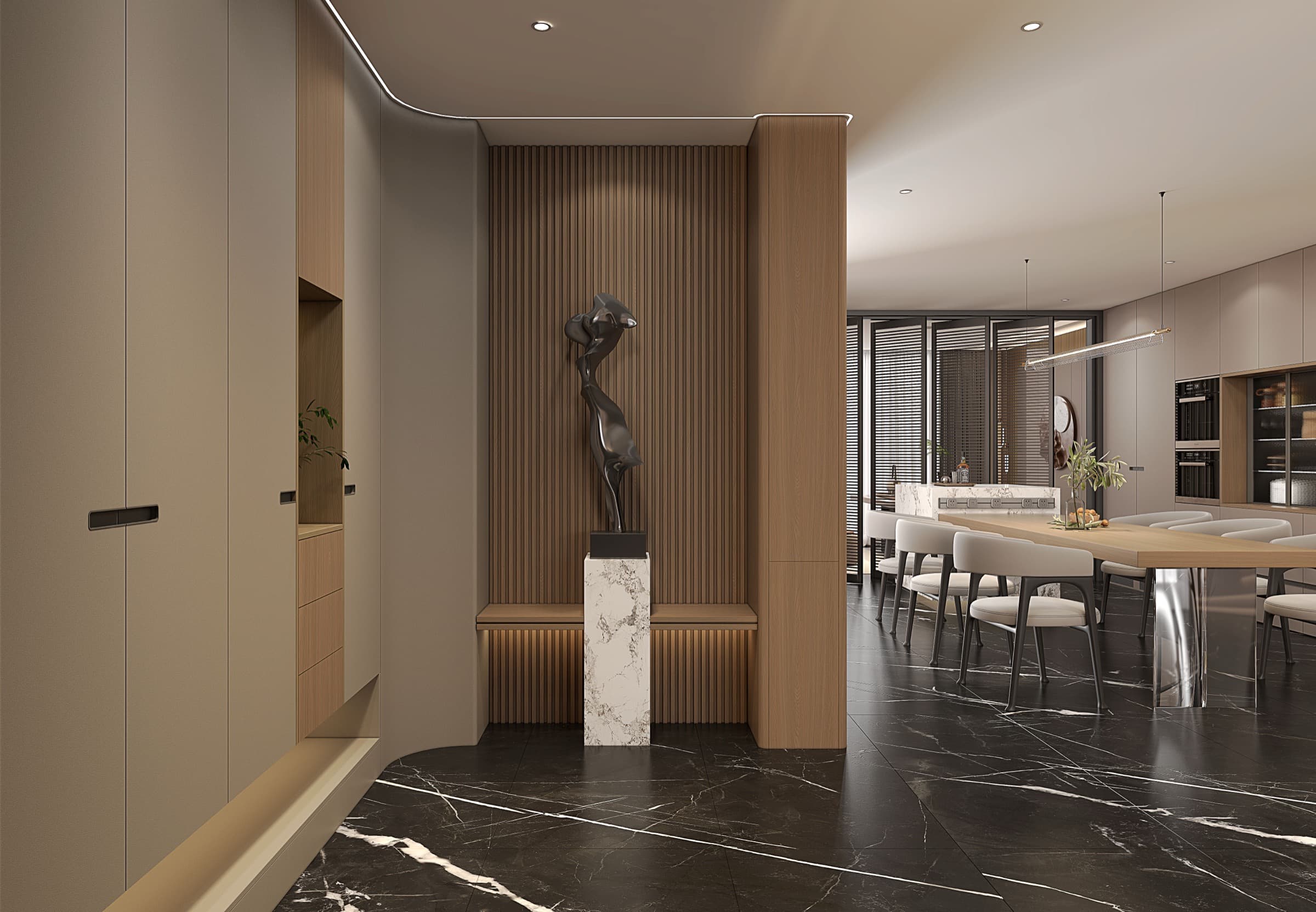 Entry hall with custom cabinetry and black marble floor