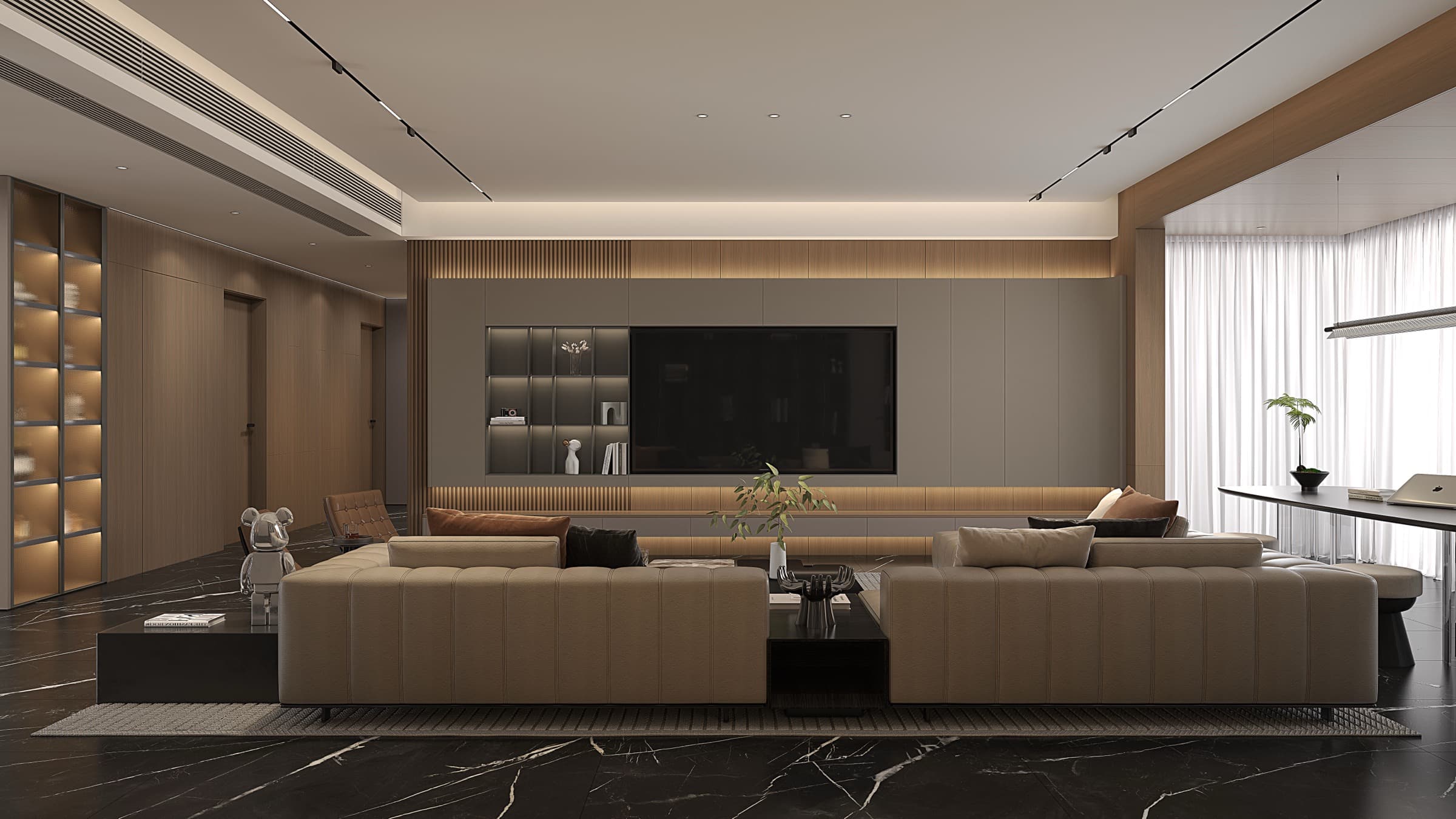 Living room media wall with integrated cabinetry