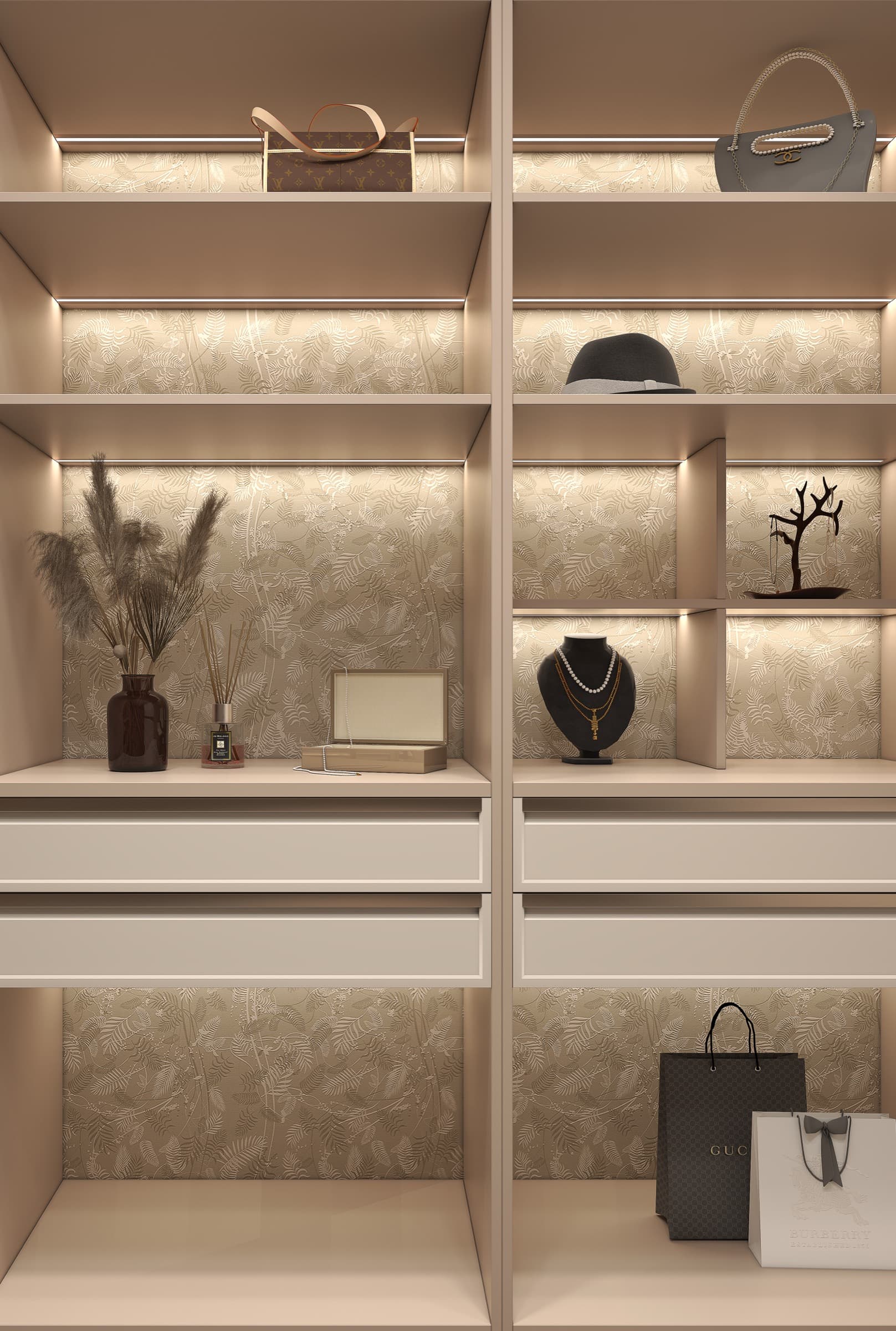 Walk-in closet shelving detail